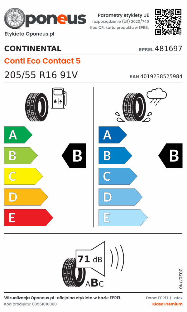 Parametry etykiety UE opony Continental Conti Eco Contact 5 205/55 R16 91V: efektywność paliwowa B, przyczepność na mokrej nawierzchni B, hałas 71 dB (klasa B)