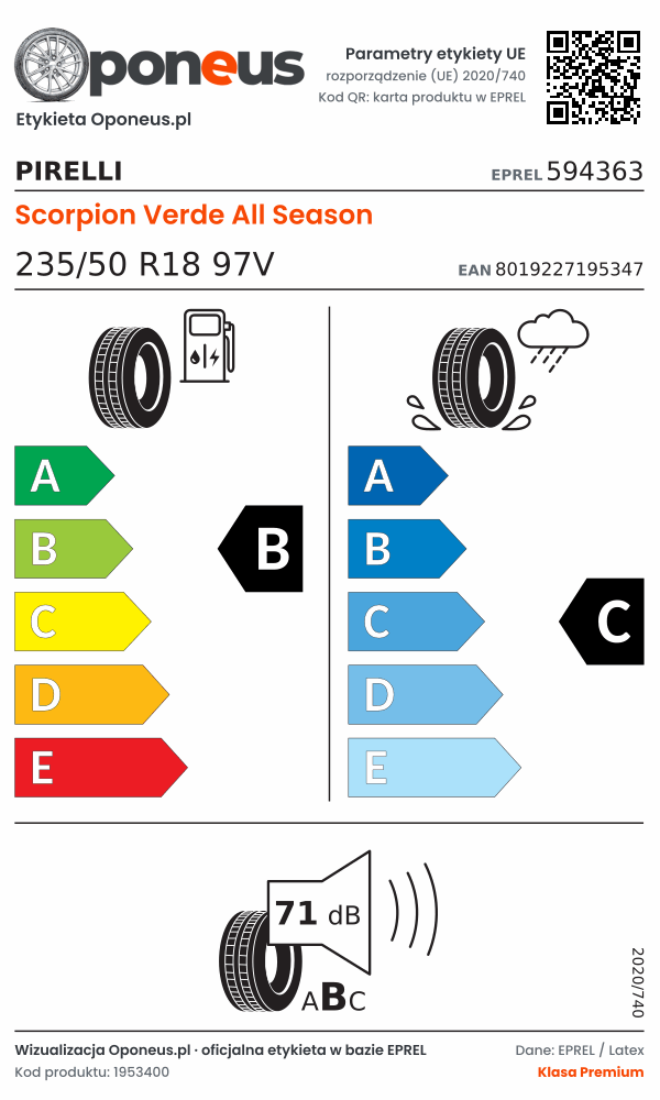 Parametry etykiety UE opony Pirelli Scorpion Verde All Season 235/50 R18 97V: efektywność paliwowa B, przyczepność na mokrej nawierzchni C, hałas 71 dB (klasa B)