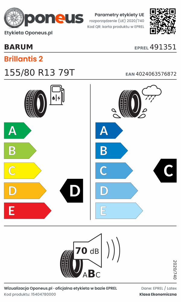 Parametry etykiety UE opony Barum Brillantis 2 155/80 R13 79T: efektywność paliwowa D, przyczepność na mokrej nawierzchni C, hałas 70 dB (klasa B)
