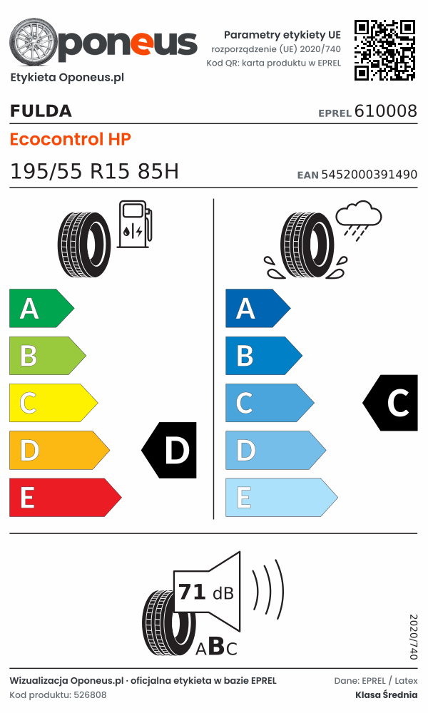 Parametry etykiety UE opony Fulda Ecocontrol HP 195/55 R15 85H: efektywność paliwowa D, przyczepność na mokrej nawierzchni C, hałas 71 dB (klasa B)