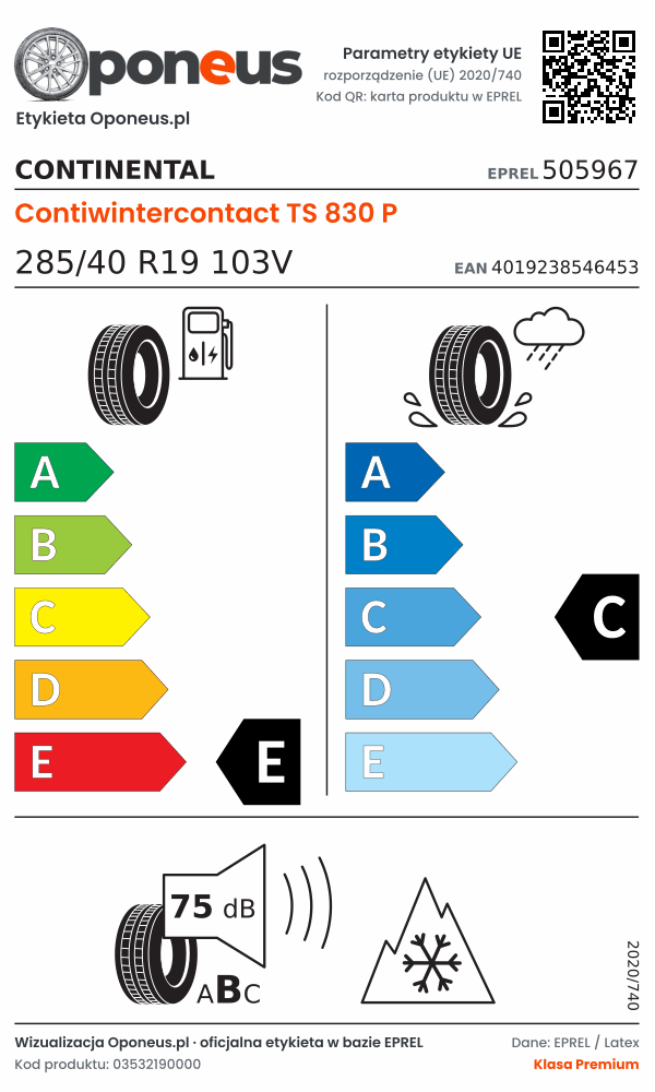 Parametry etykiety UE opony Continental Contiwintercontact TS 830 P 285/40 R19 103V: efektywność paliwowa E, przyczepność na mokrej nawierzchni C, hałas 75 dB (klasa B), 3PMSF