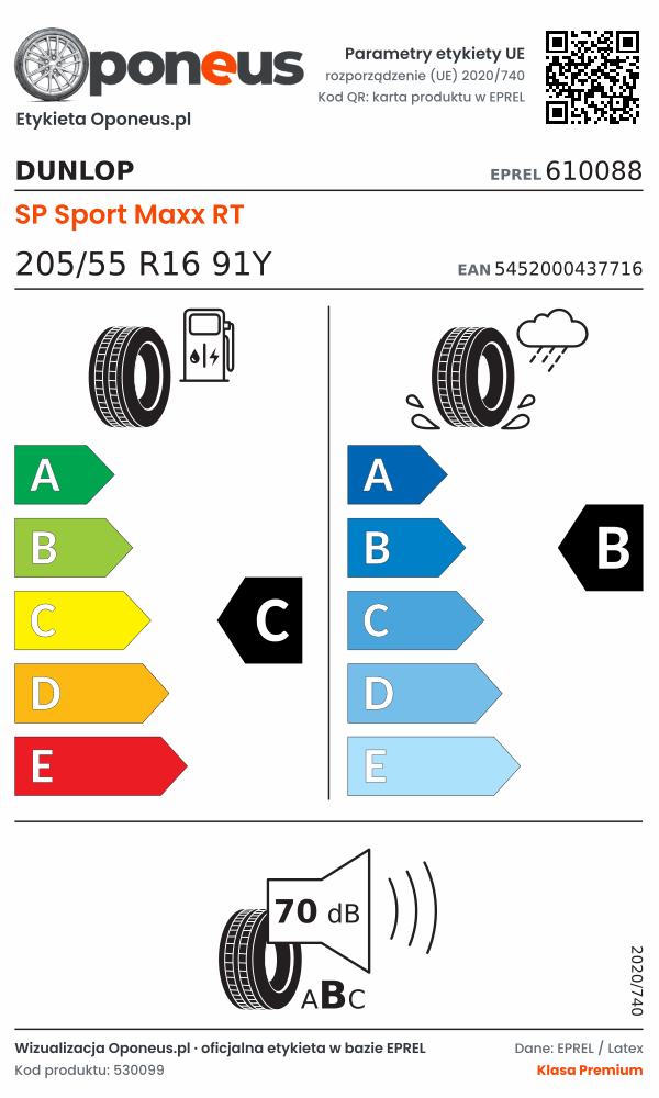 Parametry etykiety UE opony Dunlop SP Sport Maxx RT 205/55 R16 91Y: efektywność paliwowa C, przyczepność na mokrej nawierzchni B, hałas 70 dB (klasa B)