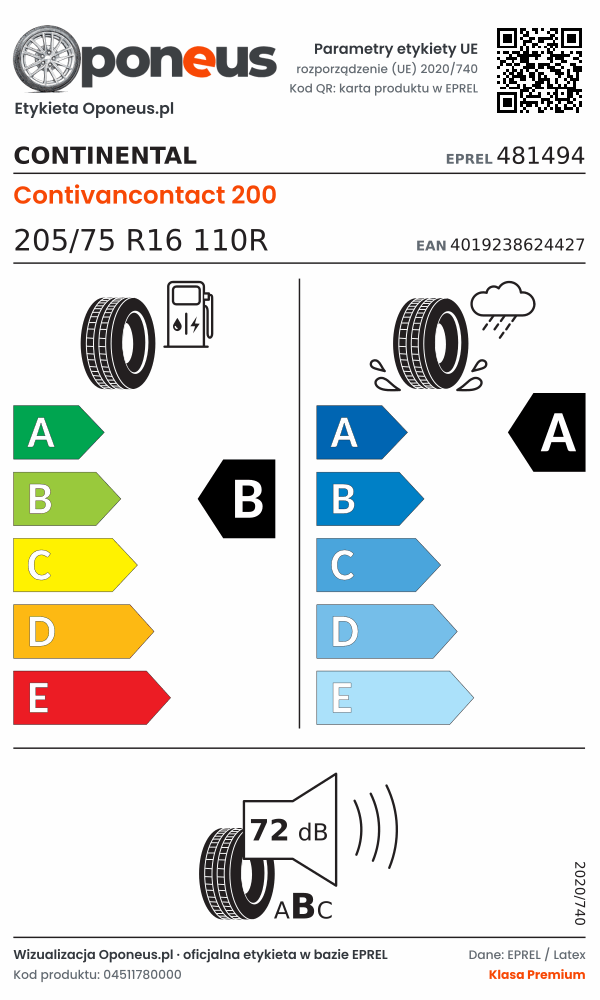 Parametry etykiety UE opony Continental Contivancontact 200 205/75 R16 110R: efektywność paliwowa B, przyczepność na mokrej nawierzchni A, hałas 72 dB (klasa B)