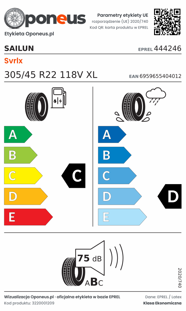 Parametry etykiety UE opony Sailun Svrlx 305/45 R22 118V XL: efektywność paliwowa C, przyczepność na mokrej nawierzchni D, hałas 75 dB (klasa B)