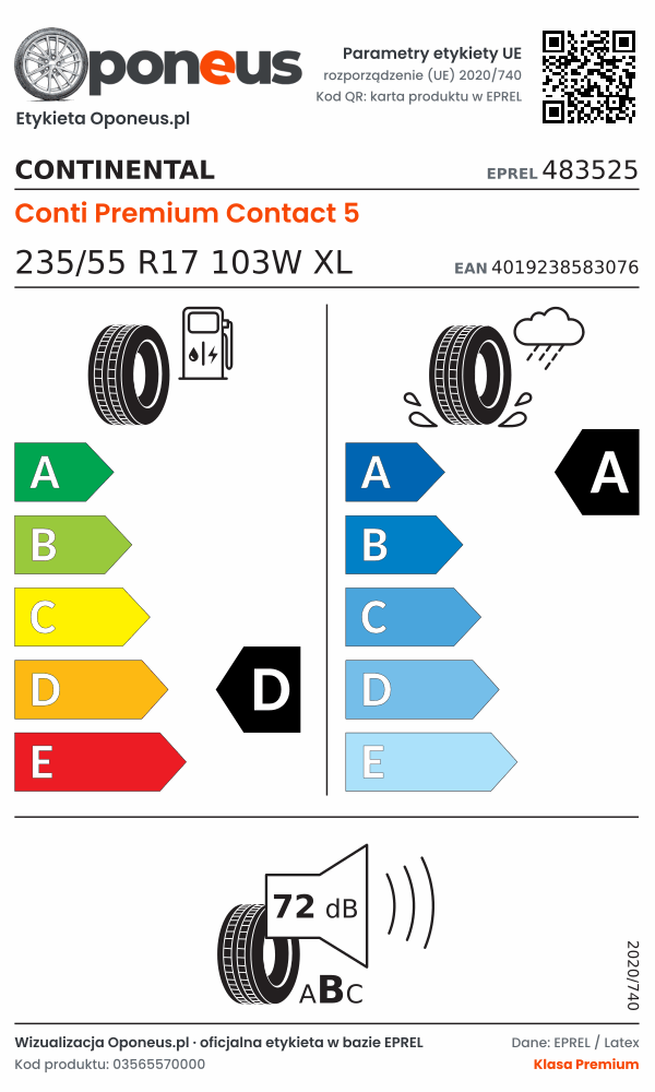 Parametry etykiety UE opony Continental Conti Premium Contact 5 235/55 R17 103W XL: efektywność paliwowa D, przyczepność na mokrej nawierzchni A, hałas 72 dB (klasa B)