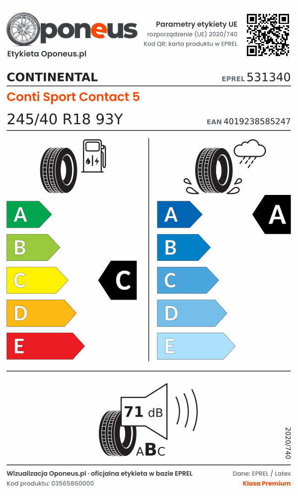 Parametry etykiety UE opony Continental Conti Sport Contact 5 245/40 R18 93Y: efektywność paliwowa C, przyczepność na mokrej nawierzchni A, hałas 71 dB (klasa B)