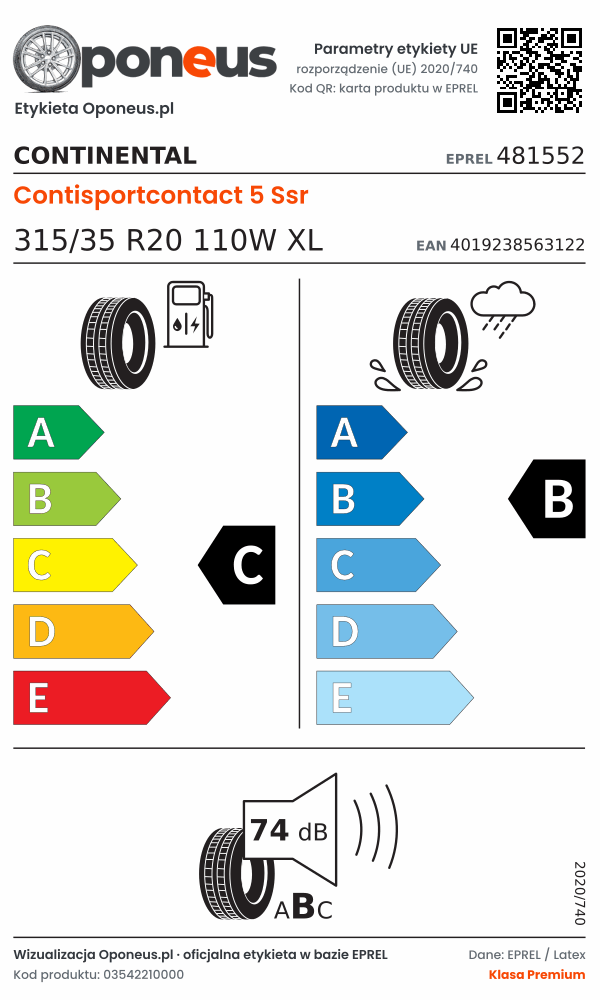 Parametry etykiety UE opony Continental Contisportcontact 5 Ssr 315/35 R20 110W XL: efektywność paliwowa C, przyczepność na mokrej nawierzchni B, hałas 74 dB (klasa B)