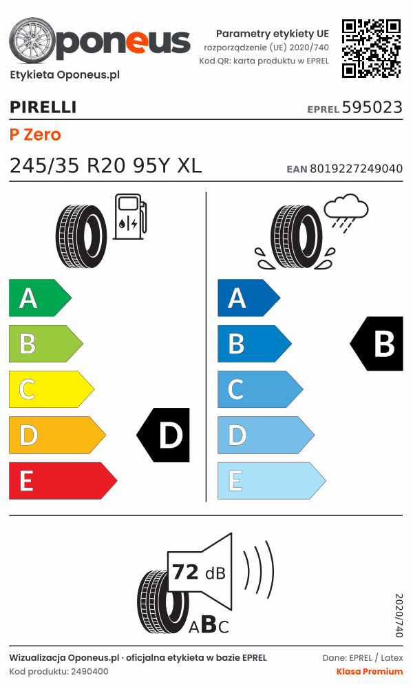 Parametry etykiety UE opony Pirelli P Zero 245/35 R20 95Y XL: efektywność paliwowa D, przyczepność na mokrej nawierzchni B, hałas 72 dB (klasa B)