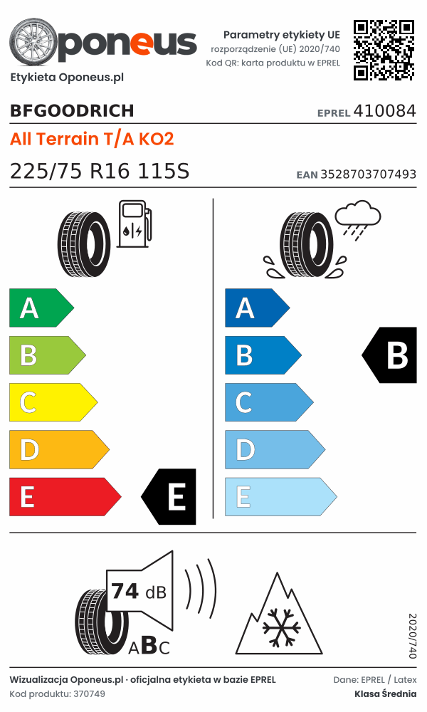 Parametry etykiety UE opony BFGoodrich All Terrain T/A KO2 225/75 R16 115S: efektywność paliwowa E, przyczepność na mokrej nawierzchni B, hałas 74 dB (klasa B), 3PMSF