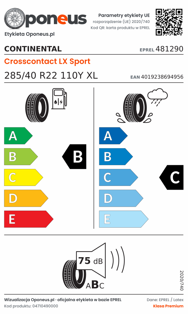 Parametry etykiety UE opony Continental Crosscontact LX Sport 285/40 R22 110Y XL: efektywność paliwowa B, przyczepność na mokrej nawierzchni C, hałas 75 dB (klasa B)