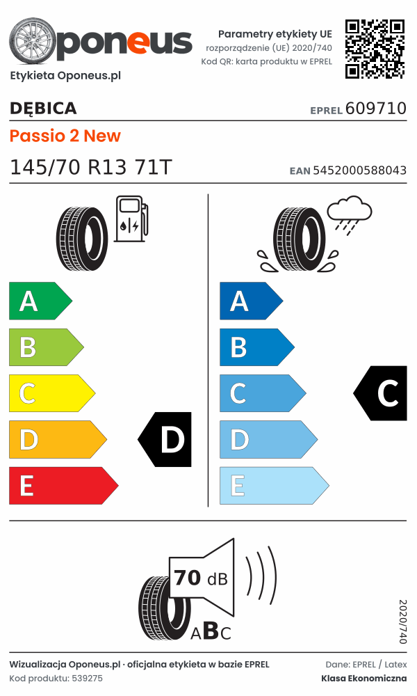 Parametry etykiety UE opony Dębica Passio 2 New 145/70 R13 71T: efektywność paliwowa D, przyczepność na mokrej nawierzchni C, hałas 70 dB (klasa B)