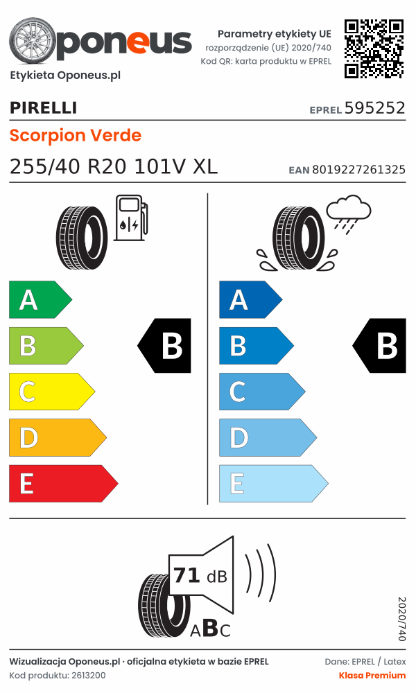 Parametry etykiety UE opony Pirelli Scorpion Verde 255/40 R20 101V XL: efektywność paliwowa B, przyczepność na mokrej nawierzchni B, hałas 71 dB (klasa B)