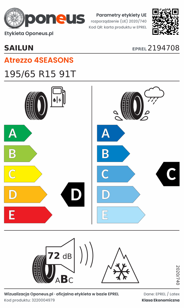 Parametry etykiety UE opony Sailun Atrezzo 4SEASONS 195/65 R15 91T: efektywność paliwowa D, przyczepność na mokrej nawierzchni C, hałas 72 dB (klasa B), 3PMSF