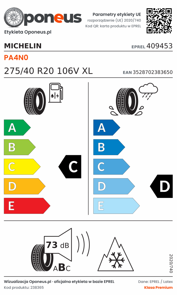 Parametry etykiety UE opony Michelin PA4N0 275/40 R20 106V XL: efektywność paliwowa C, przyczepność na mokrej nawierzchni D, hałas 73 dB (klasa B), 3PMSF