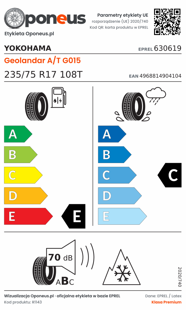 Parametry etykiety UE opony Yokohama Geolandar A/T G015 235/75 R17 108T: efektywność paliwowa E, przyczepność na mokrej nawierzchni C, hałas 70 dB (klasa B), 3PMSF