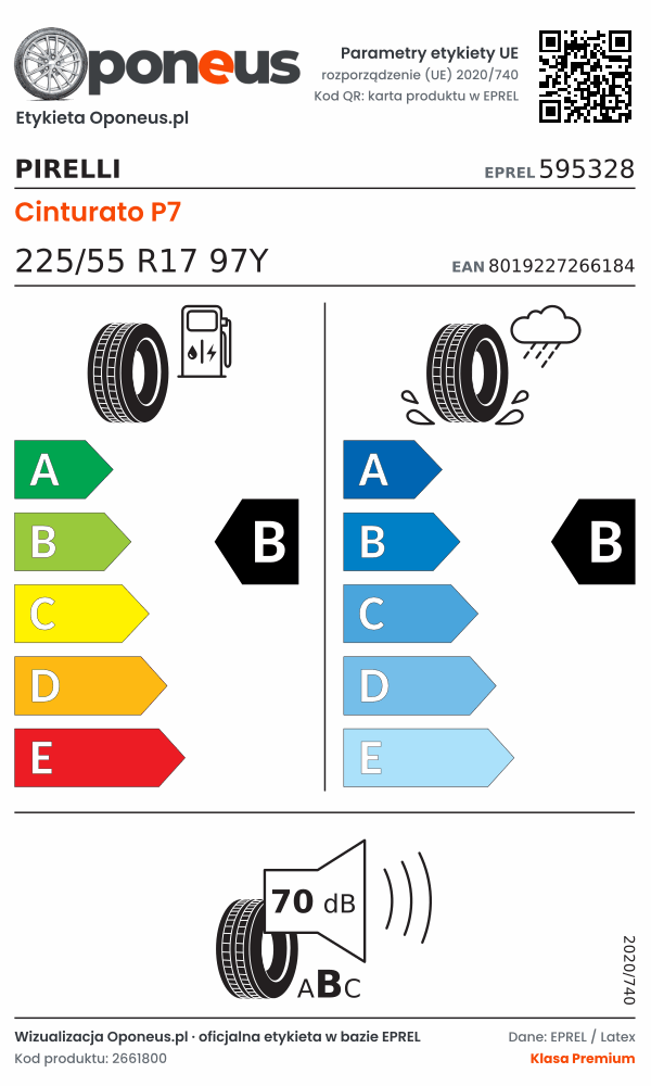 Parametry etykiety UE opony Pirelli Cinturato P7 225/55 R17 97Y: efektywność paliwowa B, przyczepność na mokrej nawierzchni B, hałas 70 dB (klasa B)