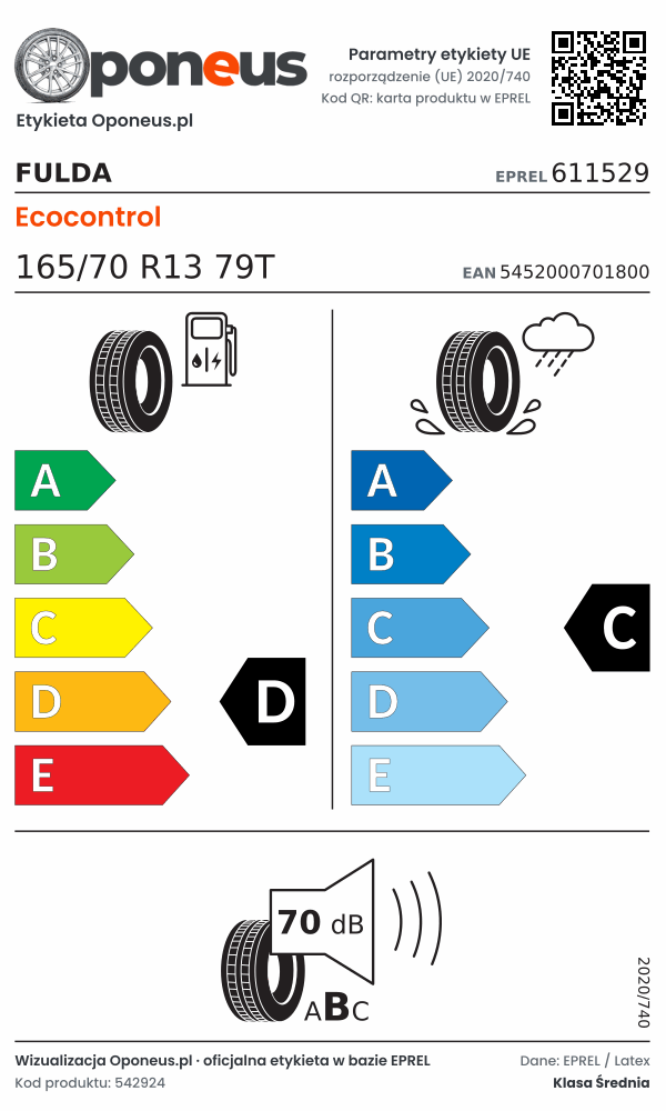 Parametry etykiety UE opony Fulda Ecocontrol 165/70 R13 79T: efektywność paliwowa D, przyczepność na mokrej nawierzchni C, hałas 70 dB (klasa B)