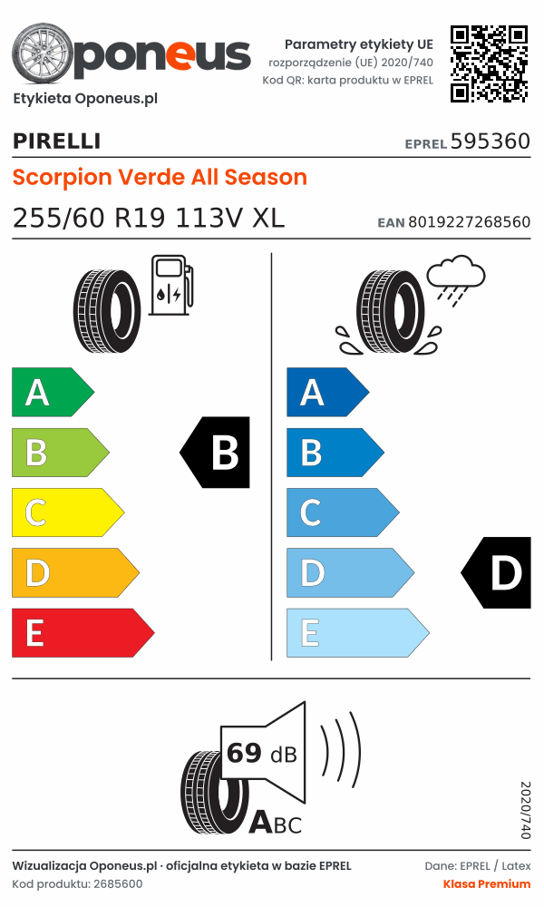 Parametry etykiety UE opony Pirelli Scorpion Verde All Season 255/60 R19 113V XL: efektywność paliwowa B, przyczepność na mokrej nawierzchni D, hałas 69 dB (klasa A)