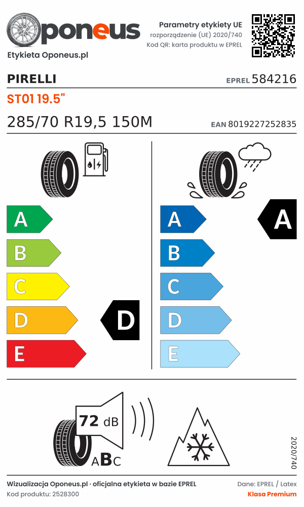 Parametry etykiety UE opony Pirelli ST01 19.5" 285/70 R19,5 150M: efektywność paliwowa D, przyczepność na mokrej nawierzchni A, hałas 72 dB (klasa B), 3PMSF