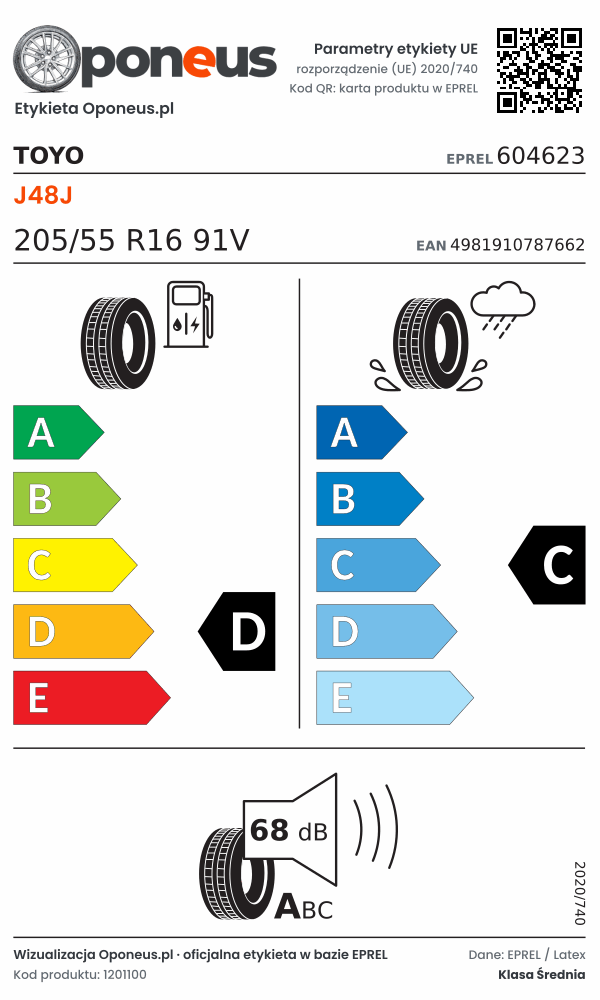 Parametry etykiety UE opony Toyo J48J 205/55 R16 91V: efektywność paliwowa D, przyczepność na mokrej nawierzchni C, hałas 68 dB (klasa A)
