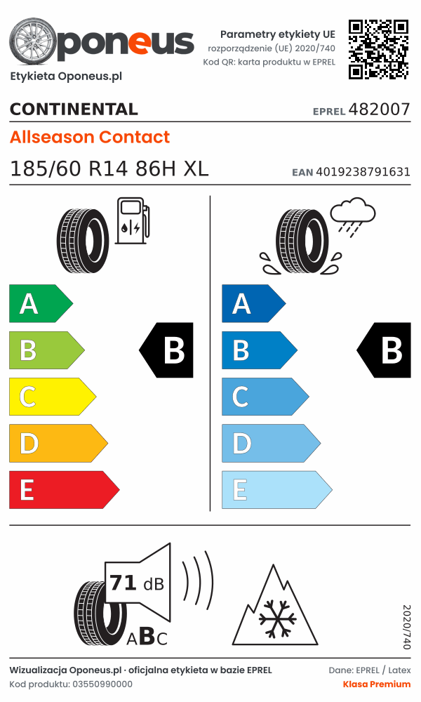 Parametry etykiety UE opony Continental Allseason Contact 185/60 R14 86H XL: efektywność paliwowa B, przyczepność na mokrej nawierzchni B, hałas 71 dB (klasa B), 3PMSF