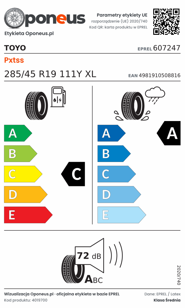 Parametry etykiety UE opony Toyo Pxtss 285/45 R19 111Y XL: efektywność paliwowa C, przyczepność na mokrej nawierzchni A, hałas 72 dB (klasa A)