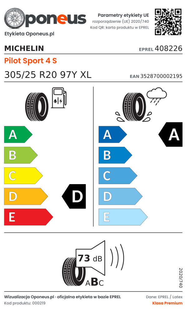Parametry etykiety UE opony Michelin Pilot Sport 4 S 305/25 R20 97Y XL: efektywność paliwowa D, przyczepność na mokrej nawierzchni A, hałas 73 dB (klasa B)