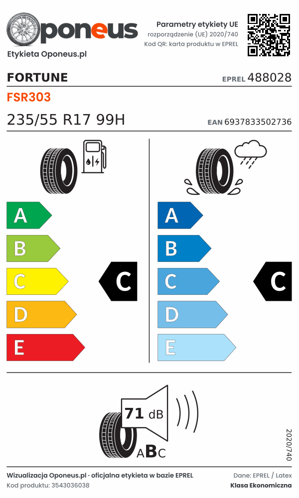 Parametry etykiety UE opony Fortune FSR303 235/55 R17 99H: efektywność paliwowa C, przyczepność na mokrej nawierzchni C, hałas 71 dB (klasa B)