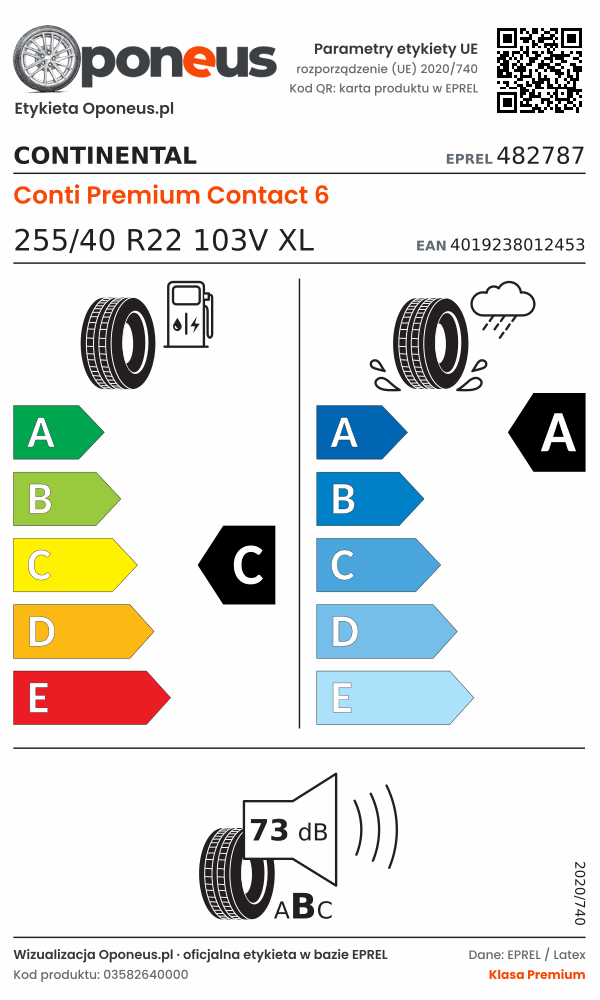 Parametry etykiety UE opony Continental Conti Premium Contact 6 255/40 R22 103V XL: efektywność paliwowa C, przyczepność na mokrej nawierzchni A, hałas 73 dB (klasa B)