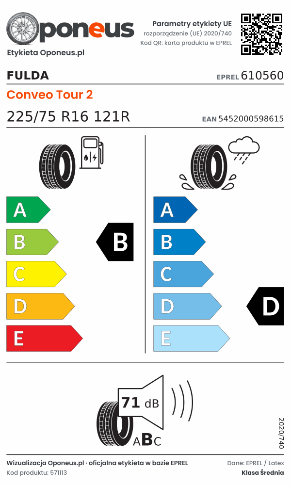 Parametry etykiety UE opony Fulda Conveo Tour 2 225/75 R16 121R: efektywność paliwowa B, przyczepność na mokrej nawierzchni D, hałas 71 dB (klasa B)