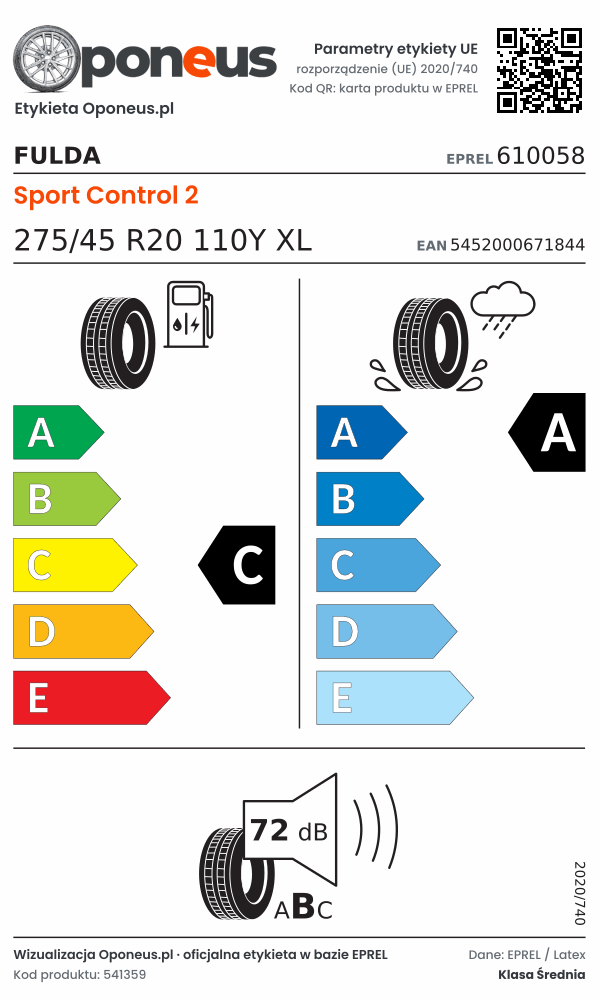 Parametry etykiety UE opony Fulda Sport Control 2 275/45 R20 110Y XL: efektywność paliwowa C, przyczepność na mokrej nawierzchni A, hałas 72 dB (klasa B)