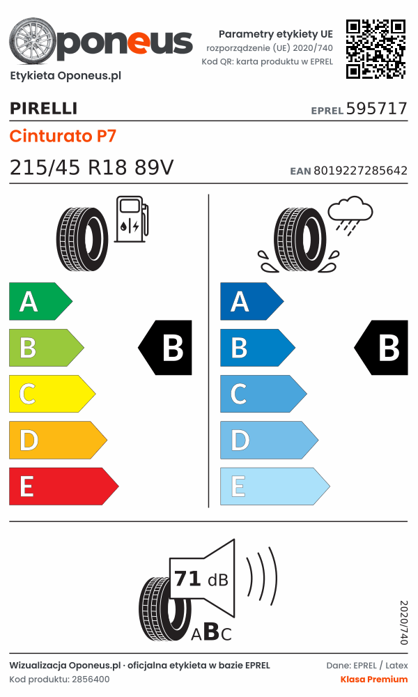 Parametry etykiety UE opony Pirelli Cinturato P7 215/45 R18 89V: efektywność paliwowa B, przyczepność na mokrej nawierzchni B, hałas 71 dB (klasa B)