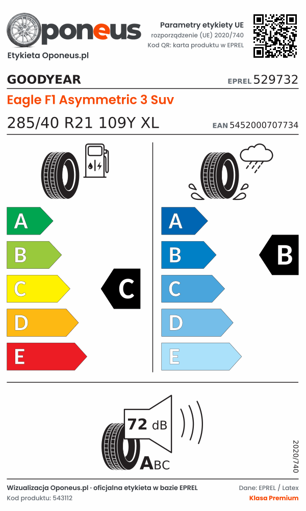 Parametry etykiety UE opony Goodyear Eagle F1 Asymmetric 3 Suv 285/40 R21 109Y XL: efektywność paliwowa C, przyczepność na mokrej nawierzchni B, hałas 72 dB (klasa A)