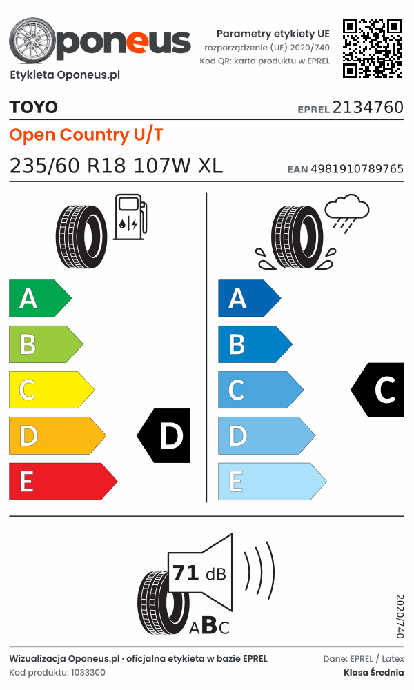 Parametry etykiety UE opony Toyo Open Country U/T 235/60 R18 107W XL: efektywność paliwowa D, przyczepność na mokrej nawierzchni C, hałas 71 dB (klasa B)