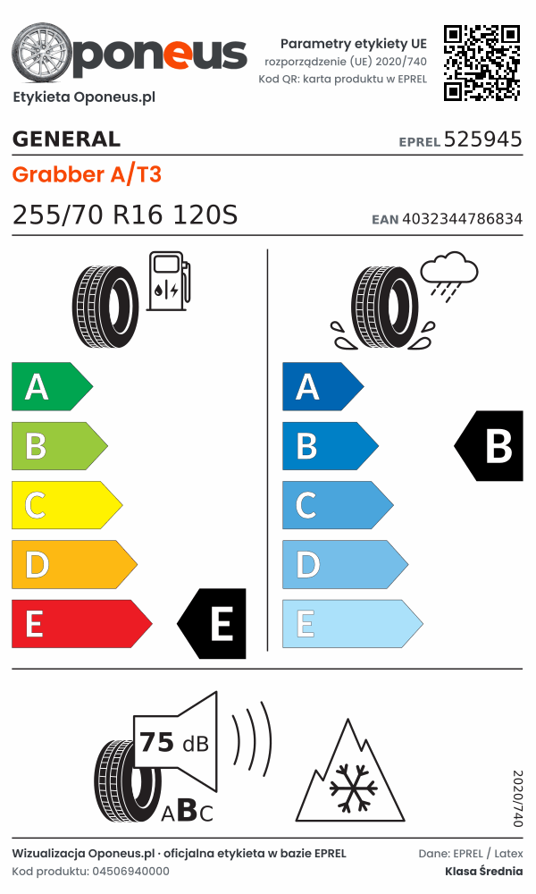Parametry etykiety UE opony General Grabber A/T3 255/70 R16 120S: efektywność paliwowa E, przyczepność na mokrej nawierzchni B, hałas 75 dB (klasa B), 3PMSF