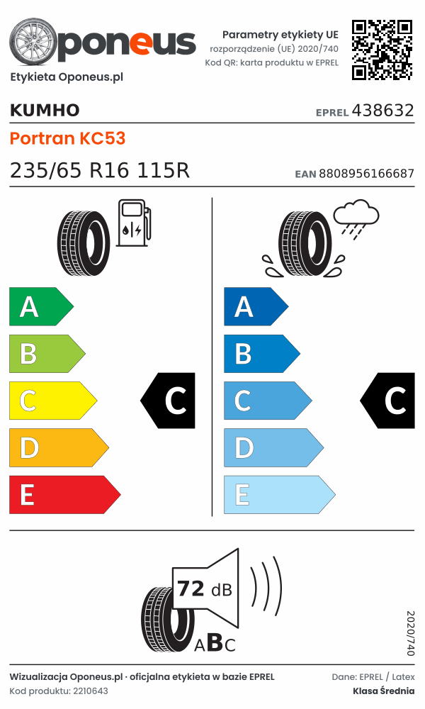 Parametry etykiety UE opony Kumho Portran KC53 235/65 R16 115R: efektywność paliwowa C, przyczepność na mokrej nawierzchni C, hałas 72 dB (klasa B)
